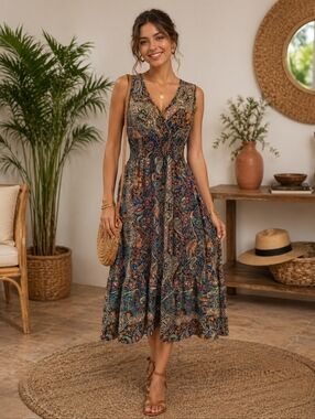 Vintage Sleeveless V-Neck Maxi Dress with Smock Waist. Size M